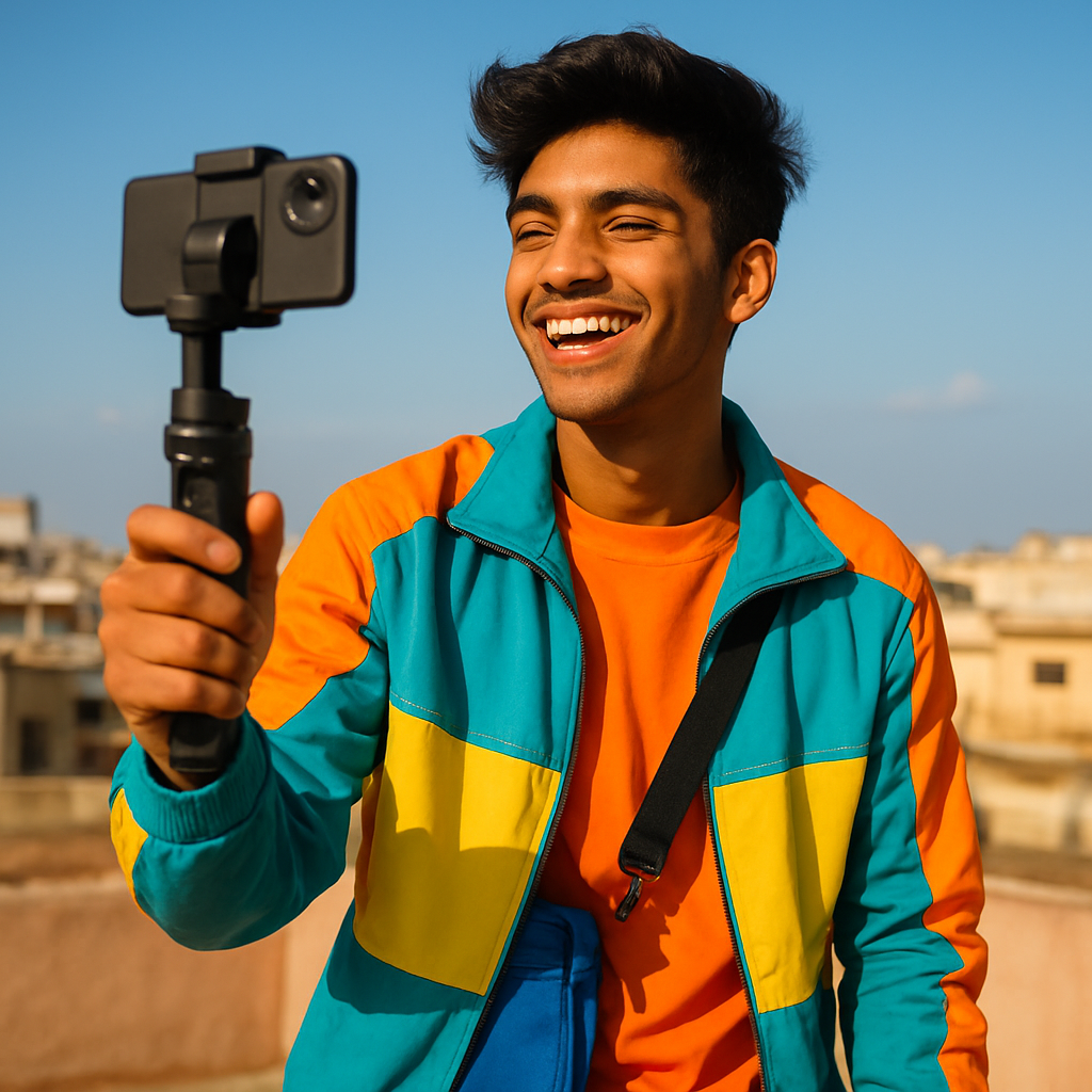A filmmaker holding a camera at golden hour
