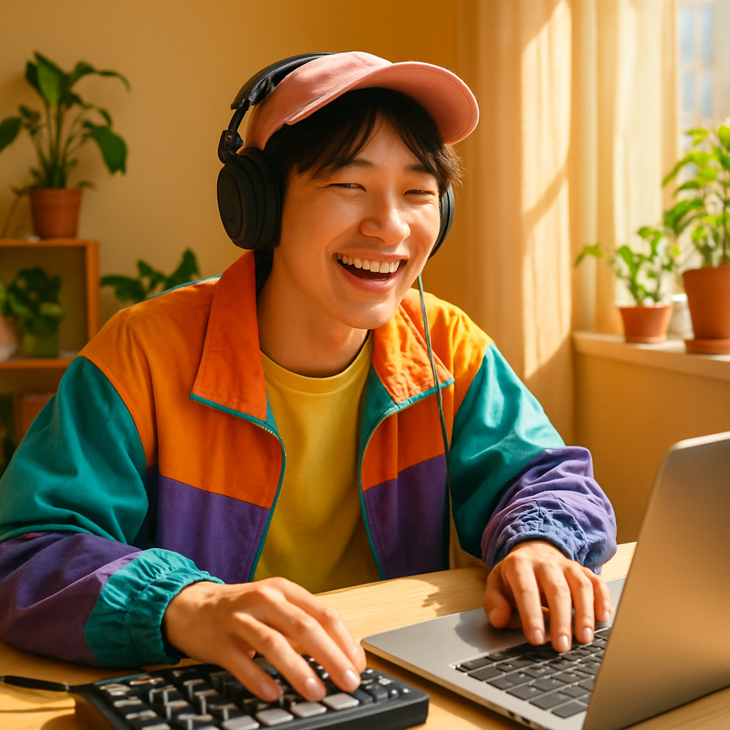 A music producer working in a warm home studio